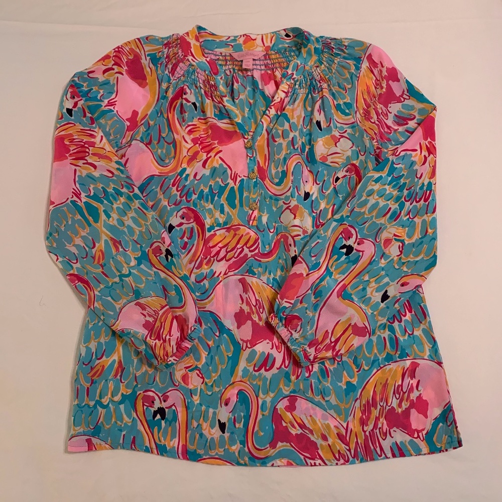 Lilly Pulitzer Elsa Silk Top Flamingo Print